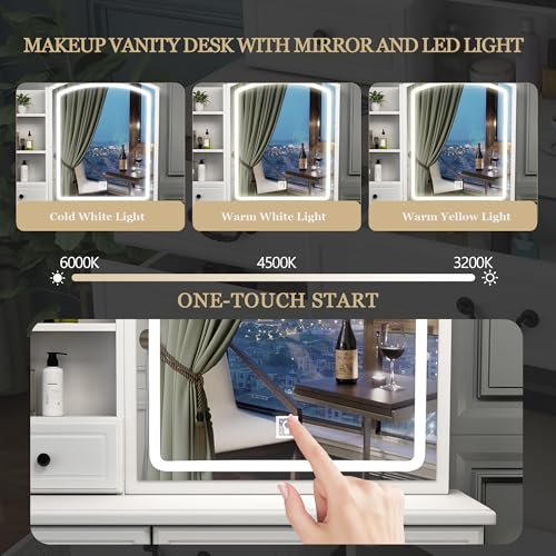 Runboll Elegant Vanity Desk with Lighted Mirror, 6 Drawer White Dressing Table Set for Bedroom, Features Adjustable 3-Color LED Lights, Perfect Makeup Vanity with Storage Runboll