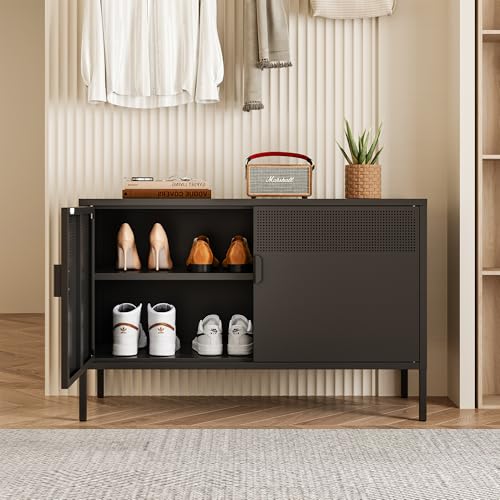Chshin Metal Storage Cabinet with Doors,Black Accent Cabinet,Metal Locker Storage Cabinets,2 Door TV Media Stand with Removable Shelves for,Home,Office,Entryway,Living Room Chshin