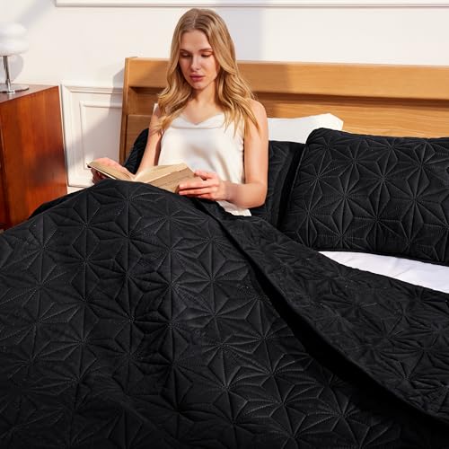 Whale Flotilla California King Quilt Bedding Set, Soft Black Oversized Bedspreads Quilts Cal King Size for All Seasons, 3 Pieces Lightweight Geometric Star Pattern Coverlet Whale Flotilla
