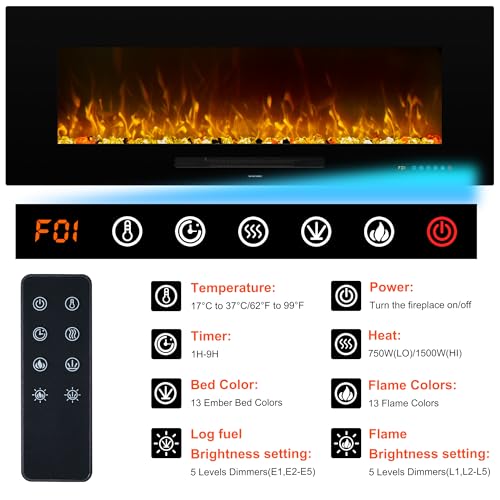 Oxhark Flame 42 inch Recessed and Wall Mounted Realistic Electric Fireplace with Multicolor Flame, 750/1500W Thermostat & Timer, Touch Screen & Remote Control, Black Oxhark Flame