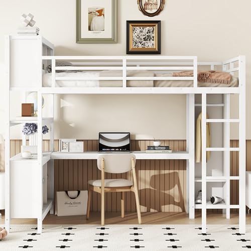 Harper & Bright Designs Full Loft Bed with Desk, Metal Loft Beds with Storage Shelves, Desk, and Wardrobe, Heavy-Duty Loft Bed Frame for Kids, Teens, Adults, Space-Saving and Noise-Free Design, White Harper & Bright Designs