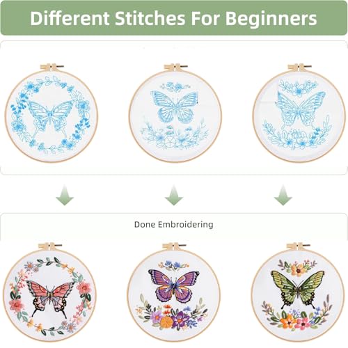 GLTAYLMY Butterfly Embroidery Kit for Beginners Adults, 3 Sets Hand Embroidery Starter Kit with Flower Pattern and Instructions Stamped Cross Stitch Kits Include Embroidery Hoop Needles Threads