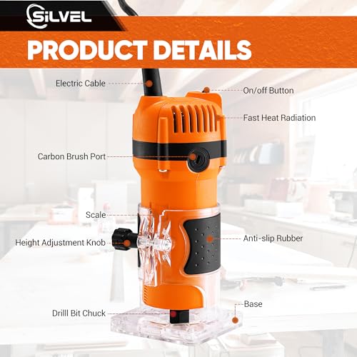 SILVEL Wood Router, 800W Wood Routers for Woodworking, 6.5Amp 1.25HP Hand Wood Router Tool, 30000R/MIN Compact Edge Trimmer with 15 1/4" Router Bit Set, Orange SILVEL