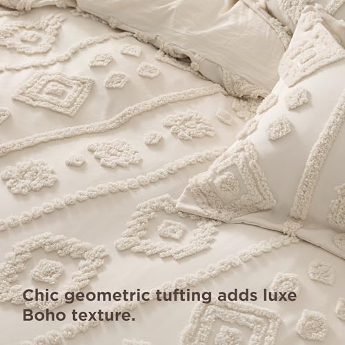 Bedsure Boho Duvet Cover King - Beige Tufted Boho Bedding, Farmhouse Shabby Chic Embroidery Bedding for All Seasons, 3 Pieces, 1 Soft Jacquard King Comforter Cover and 2 Pillow Shams Bedsure