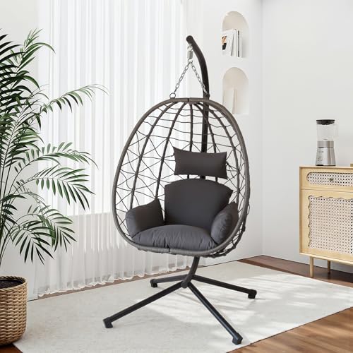 JOINFUN Egg Chair with Stand, Patio Wicker Hanging Swing Egg Chair Thickened, Galvanized Pipe Steel Frame and UV Resistant Cushion for Bedroom Garden Indoor Outdoor, 350LBS Capacity (Drak Grey)