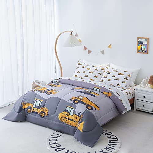 Cokouchyi Twin Size Comforter Set for Boys, 4-Piece Bed in a Bag, 3D Construction Bedding Comforter Sheet Set, Ultra Soft and Fluffy, Cartoon Truck Cars Cokouchyi