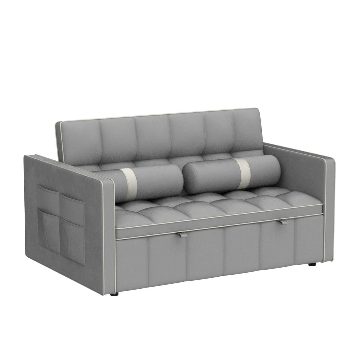 3 in 1 Sleeper Sofa Couch Bed, Small Tufted Velvet Convertible Loveseat Futon Sofa w/Pullout Bed, Adjustable Backrest, Cylinder Pillows for Living Room Apartment, Easy to Assemble, Grey, 55.5" Antetek