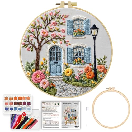 Country cottage with Flowers Embroidery Kits,Adults DIY Handmade Hand Embroidery Starter Kits with Stamped Embroidery Pattern,for Beginners Starter Lover Hand Stitch with Embroidery Skill Techniques