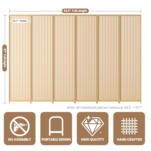 6 Panel Room Divider and Folding Screen,Bamboo Room Divider for Room Separation,67" H x 92.1" W COCOSICA