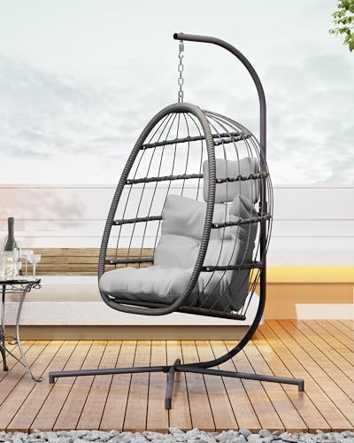 FREDEES Egg Swing Chair with Stand, Outdoor Hanging Egg Chair with Cushion for Patio/Porch/Balcony/Indoor (Light Gray) FREDEES