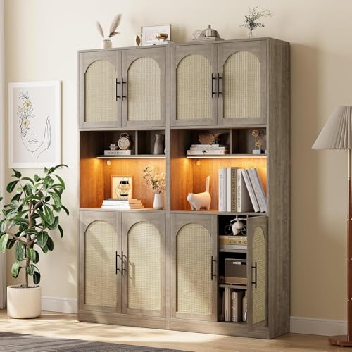 71" Tall Kitchen Pantry Storage Cabinet with Microwave Shelf and LED Light, Hutch Cabinet with Doors and Adjustable Shelves, Freestanding Cupboard for Dining Room, Living Room, Bathroom, Oak GarveeHome