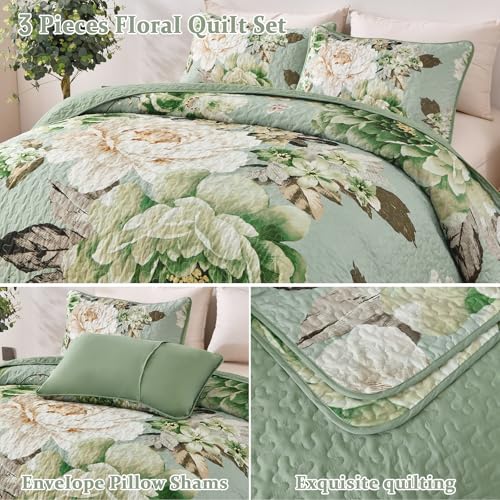 WONGS BEDDING Sage Green Floral Quilt Set King, 3 Pieces Elegant Flower Bedspread Coverlet for All Season Reversible Soft Microfiber Lightweight Quilt Bedding Set with 2 Pillow Shams 104"X90" WONGS BEDDING