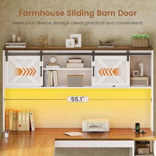 SEDETA 67" Farmhouse L Shaped Desk with Hutch, Home Office Desks with Drawers & Sliding Doors, Corner Computer Desk with Storage Shelves & Power Outlets, Executive Desk with LED Lights, White SEDETA