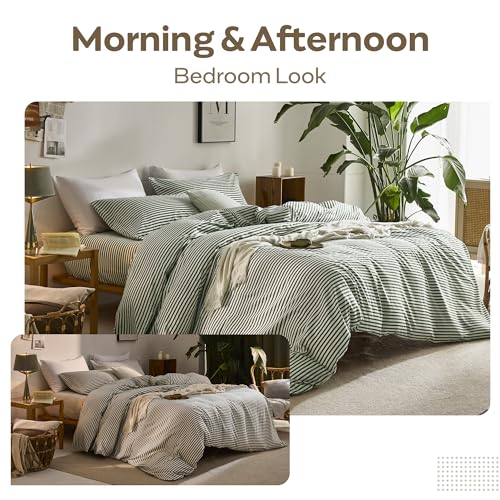 JELLYMONI 100% Natural Cotton 3pcs Striped Duvet Cover Sets,White Duvet Cover with Green Stripes Pattern Printed Comforter Cover,with Zipper Closure & Corner Ties(Full Size) JELLYMONI