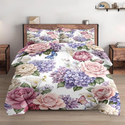 WeCozy Queen Size Comforter Set with 2 Pillowcases, Painting Floral Rose Flower Hydrangea Soft 3 Pcs Bedding for Kids and Adults Bedroom Bed Decor