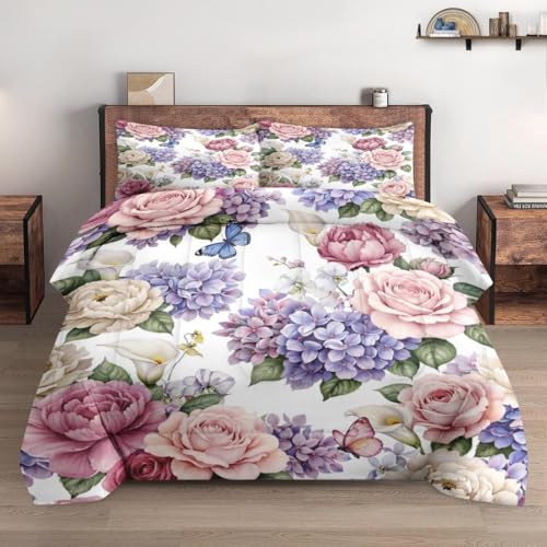 WeCozy Twin Size Comforter Set with Pillowcase, Painting Floral Rose Flower Hydrangea Soft 2 Pcs Bedding for Kids and Adults Bedroom Bed Decor WeCozy