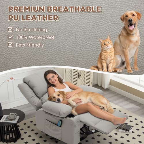 linting Faux Leather Recliner Chair with Heat and Massage Cup Holder, Overstuffed Swivel Rocker Recliner Chair Rocking Glider Chair, Light Grey