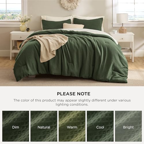 Bedsure Waffle Comforter Set Queen, Soft and Breathable Dark Green Bedding Comforter Set, 3 Pieces, 1 Waffle Weave Comforter (90"x90") and 2 Pillowcases (20"x26") Bedsure