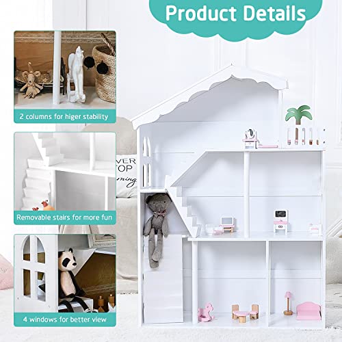 White Wooden Dollhouse Bookcase – Multi-Functional Toy and Book Storage Organizer for Kids WODENY