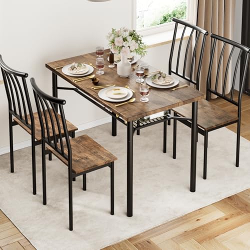 SLEKVERSA Rustic Wooden Dining Table Set for 4, 4-Piece Farmhouse Kitchen Table with 1.18" Thickened Tabletop, Chairs & Adjustable Legs, Space-Saving Dining Furniture for Apartment & Small Spaces, Ret SLEKVERSA