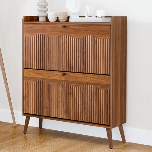 Bifins Shoe Storage Cabinet with 2 Flip Doors, 31.5" Narrow Fluted Design for Space Saving, Freestanding Entryway Shoe Organizer for Hallway & Living Room (Walnut) Bifins
