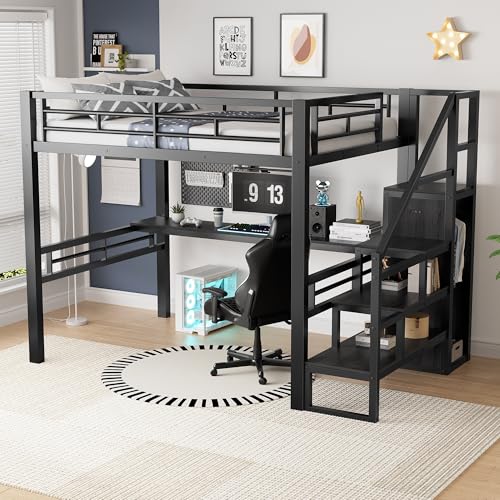 PVWIIK Staircase Queen Size Loft Bed with Desk and Wardrobe,High Loft Bed Frame for Kids Youths Adults Dorm Bedroom, No Box Spring Needed,Black PVWIIK