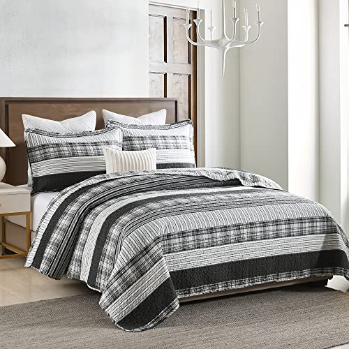 Homzard King Size Comforter - 100% Cotton, Black White Striped King Quilt Bedding Set,Black Grey Plaid Striped Bedding King,Farmhouse Lightweight Comforter for Bed,All Season Homzard