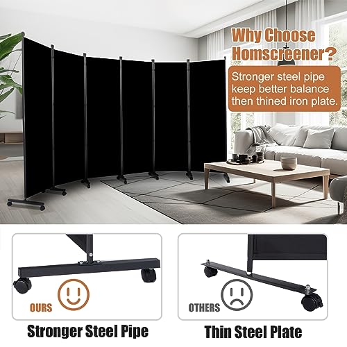 Room Divider Folding Privacy Screens with Wheels, 6FT Tall Divider for Room Separation, Movable Room Partitons and Dividers, Indoor Room Dividers Panel with Fabric (Black, 6 Panel-132‘’-Wheels) HOMSCREENER