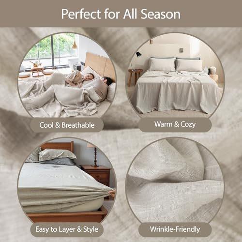 Simple&Opulence 100% Linen Sheets Full Size Set, 4 Pcs Natural French Linen Bed Sheets, Breathable Soft Durable Bedding Set for All Season (Linen, Full) Simple&Opulence