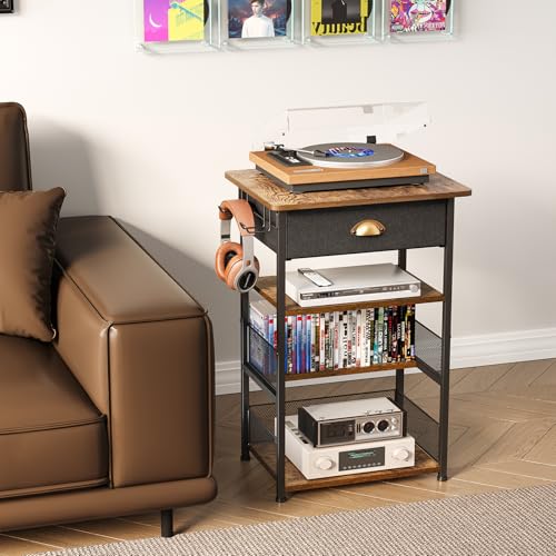 Hongtamoya 4-Tier AV Media Stand with Drawer, Video Game Console Shelf with 2 Hooks, Audio Rack Tower Perfect for/Xbox/ PS5/Switch/Game Consoles/DVD/Record Player/Projector/Sky Box/TV Accessories Hongtamoya