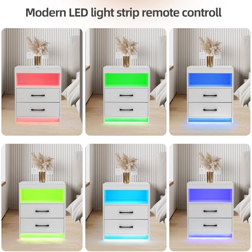 ansefe Night Stand with Charging Station and Ambient Light, LED Nightstand with USB-C Ports and Outlets, Morden Bedside Table with 2 Drawers and Open Compartment, End Table for Bedroom, White ansefe