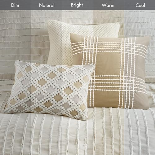 Madison Park Queen Comforter Set Clipped Jacquard Stripes with Buttons Boho Comforter for a Queen-Size Bed, Cotton Oversized Comforters with Removable Cover Boho Bedding, Queen Ivory 8 Piece Madison Park