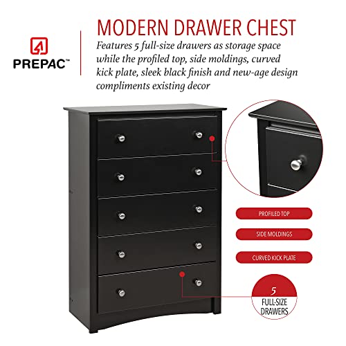 Prepac Sonoma Superior 5-Drawer Chest for Bedroom - Spacious and Stylish Chest of Drawers, Measuring 17.75"D x 31.5"W x 44.75"H, In Black Finish Prepac