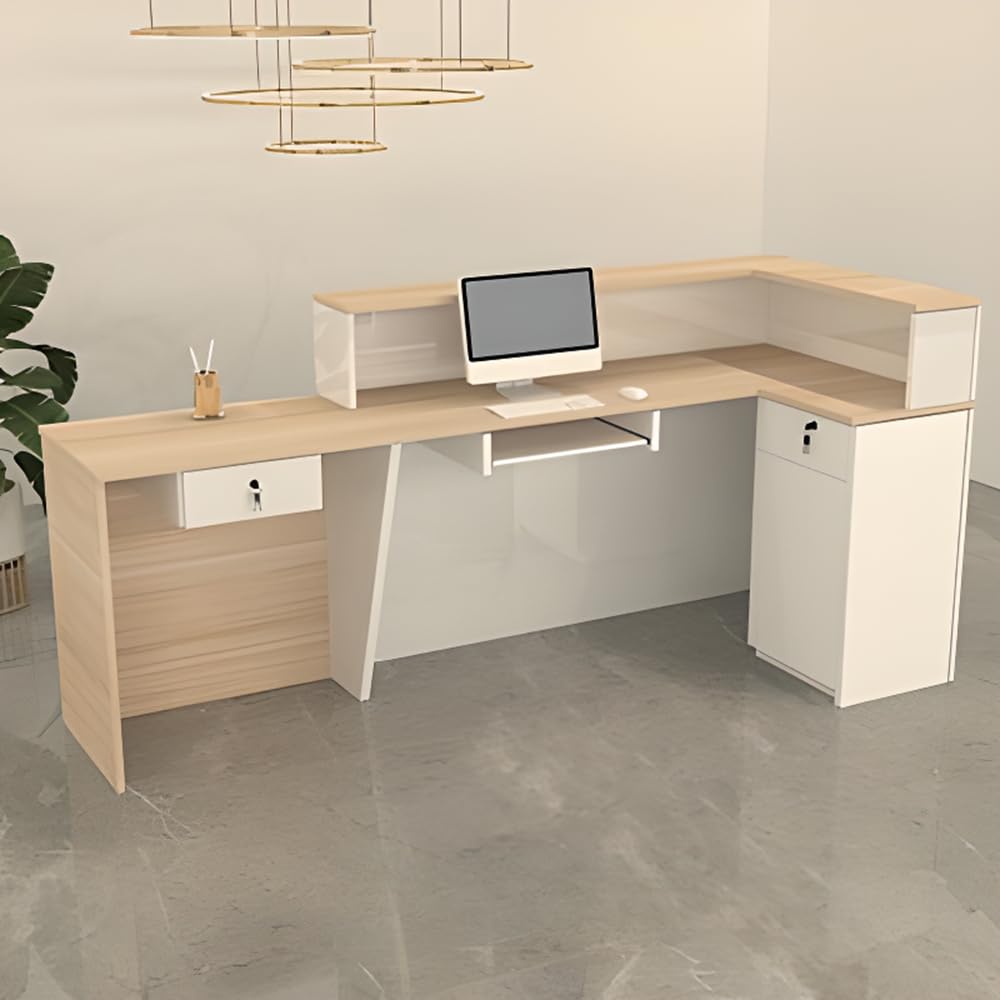 LITFAD L-Shape Checkout Counter Wood Reception Desk wih Keyboard Tray, Hutch, Desk Return and Lockable Drawer, Filing Cabinet, Modern Counter for Office, Lobby, Beauty Salon, Store - Wood/White LITFAD