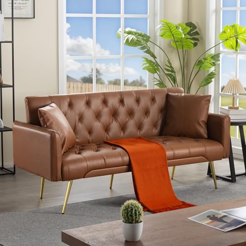Anwick 72" Modern PU Leather Sofa Bed Futon,Convertible Folding Sleeper Bed Couches with 3 Adjustable Backrests,Tufted Recliner Loveseat with Golden Chrome Legs for Small Living Room Office (Brown) Anwick