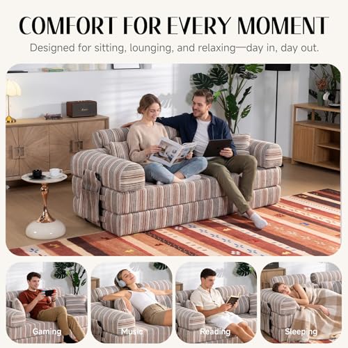 KSTNLUXQ 79" Corduroy Sofa Bed Sleeper Couch, 6-in-1 Convertible Boneless Floor Futon Loveseat, High-Density Foam Couch in a Box with 2 Headrest Pillows, No Assembly, Red and White KSTNLUXQ