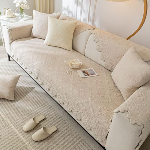 XSlive Cotton Quilted Dog Couch Cover for Sofa Farmhouse Rustic Embroidery Sectional Couch Cover Soft Anti-Slip Sofa Slipcover Furniture Protector for Kids, Pets (Khaki,28"x28") XSlive