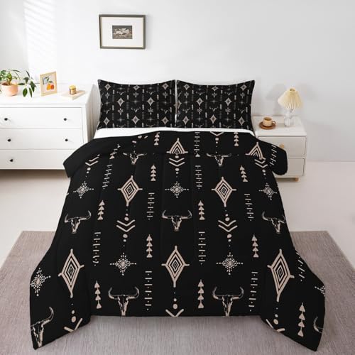 Feelyou Rustic Western Bedding Set Full Size Kids Western Tribal Bull Skull Comforter Adult Black Brown Boho Ethnic Aztec Cow Pattern Comforter Set Feelyou