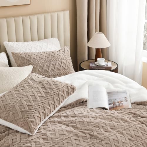 Andency Fluffy Sherpa Full Comforter Set, Super Soft Khaki Fleece Warm Bedding for Winter, Luxury Jacquard Boho Thick Fuzzy Plush Bed Set 3 Pieces(1 Shaggy Comforter, 2 Pillowcases) Andency