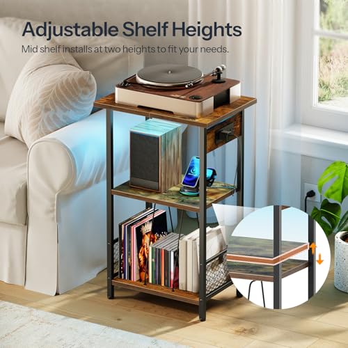 HOOBRO Record Player Stand with Charging Station and LED, Turntable Stand with Storage, 3 Tier End Table Hold Up to 100 Albums, Record Table for Vinyl, Living Room, Rustic Brown and Black BF06UDRS01 HOOBRO
