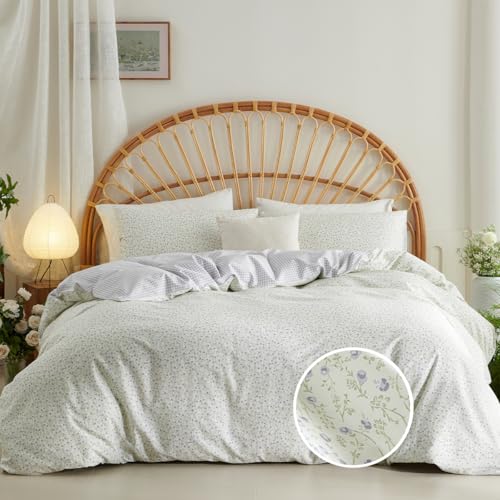 CCoutueChen Blue Gingham Duvet Cover Full 3Pcs 100% Cotton Blue Floral Bedding Set Farmhouse Flower Plaid Bedding Soft Breathable Cottage Duvet Cover Set with 2 Pillowcases(No Comforter) CCoutueChen