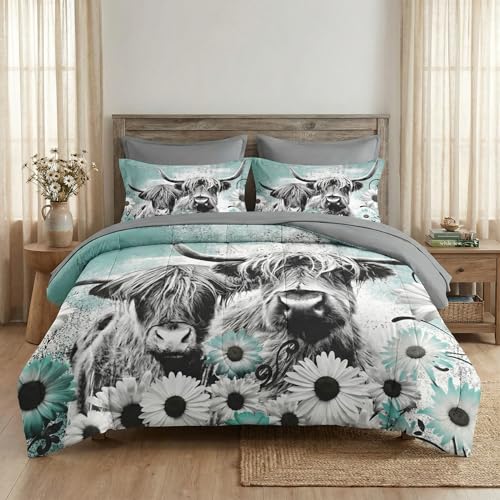 WeCozy 7 Pcs King Size Comforter Set with 2 Pillowcases & 2 Shams, Highland Cow Animal Bedding for Kids and Adults, Farm Daisy Bed in a Bag with Flat Fitted Sheet WeCozy