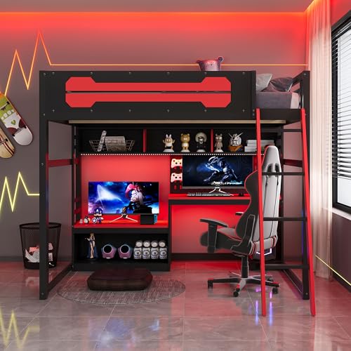 OYUMOENTS Full Size Gaming Loft Bed with Desk and LED Lights, Wood Loft Bed with Storage Shelves & USB Ports, Full Size Loft Beds Frame for Adults Kids Teens, Black+Red OYUMOENTS