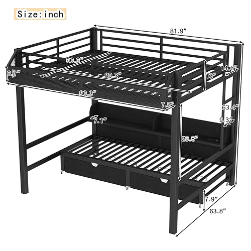 Harper & Bright Designs Queen Size Bunk Bed with Drawers and Storage Shelves, Can be Converted into Sofa, Metal Bunk Bed Frame with USB Ports and LED Lights (Black/Queen) Harper & Bright Designs