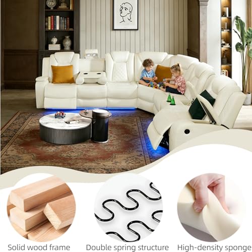 Breathing Leather Reclining Sofa Set,Power Recliner Sectional Couch with LED Light,Modern Living Room Furniture Set,Reclining Sectional Couch Set with USB Port/Storage for Home/Home Theater