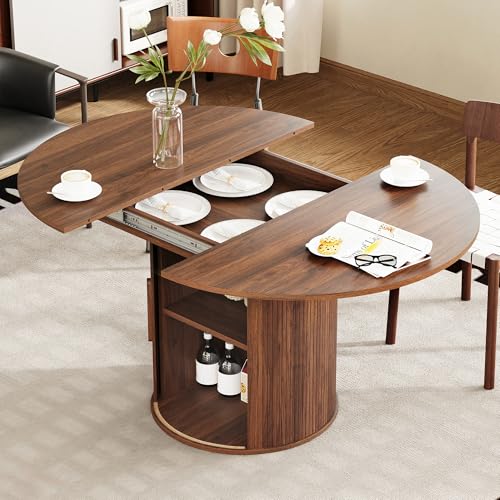 weselon 43"-59" Extendable Round to Oval Dining Table with Hidden Storage, Modern Wooden Kitchen Table with Fluted Sliding Door Cabinet, Expandable Dinner Table for Dining Room Living Room (Walnut) weselon