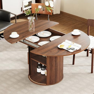 weselon 43"-59" Extendable Round to Oval Dining Table with Hidden Storage, Modern Wooden Kitchen Table with Fluted Sliding Door Cabinet, Expandable Dinner Table for Dining Room Living Room (Walnut)