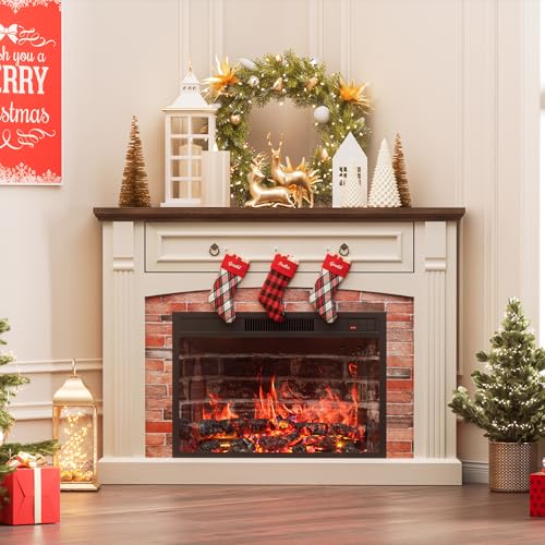 AHB Corner TV Stand with Remote Control, Electric Fireplace with Wooden Mantel, Entertainment Center with Efficient Heating System, Adjustable Brightness Realistic Flame(White) AHB