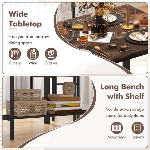 GOFLAME 4-Piece Dining Table Set for 4, Industrial Kitchen Table with 2 Chairs & Bench, Space-Saving Breakfast Table Set with Storage Shelf & Metal Frame, Wooden Dinette for Dining Room, Rustic Brown GOFLAME