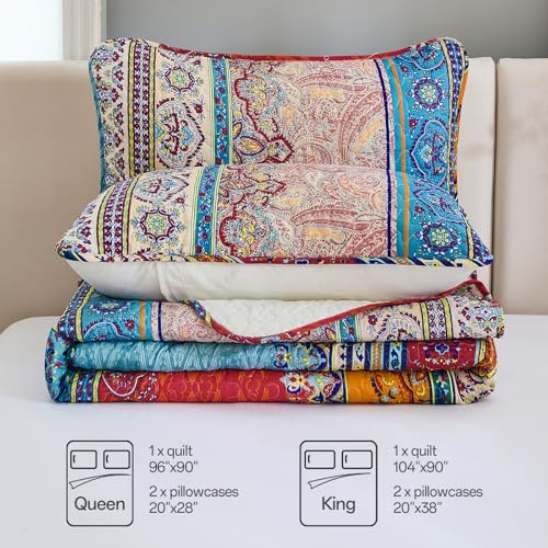 WONGS BEDDING Bohemian Quilt Set King Size, Boho Striped Printed Bedding Bedspread Coverlet Set for All Season, Lightweight Microfiber Quilts with 2 Pillowcases 104"x90" (3 Pieces, Colorful) WONGS BEDDING
